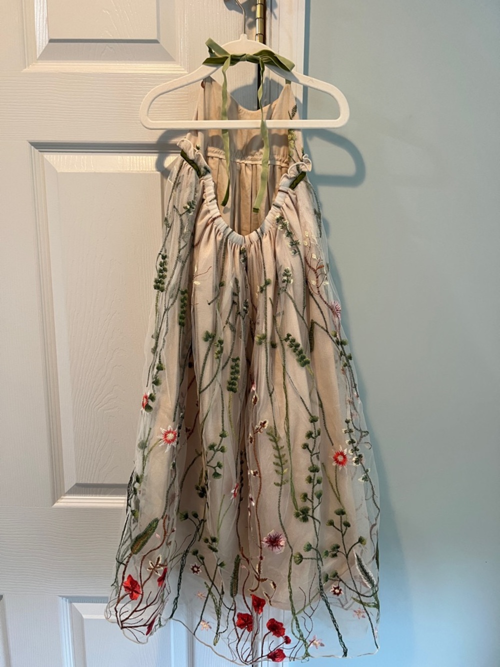 Girls Cream Floral Embroidered Tulle Halter Dress - Picture 2 of 4